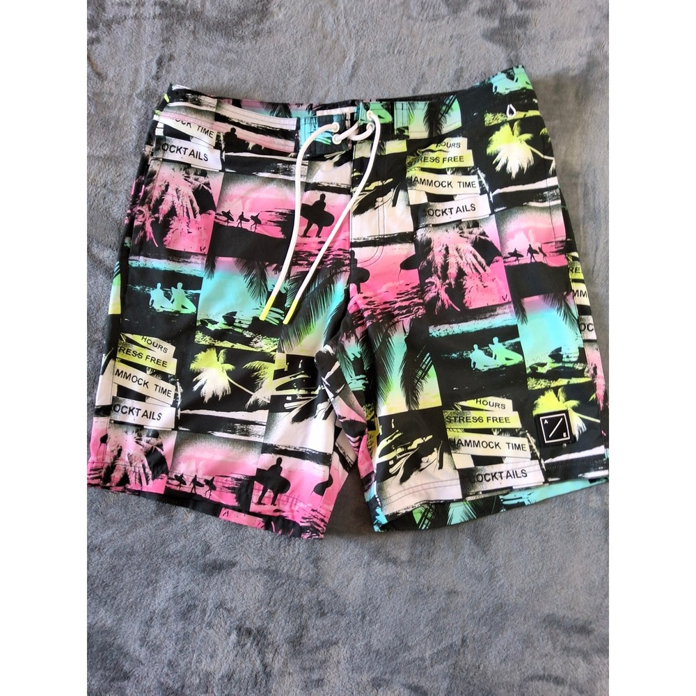 American Eagle Mens Neon Tropical Palm Tree Surfer Board Shorts Swim Trunks L